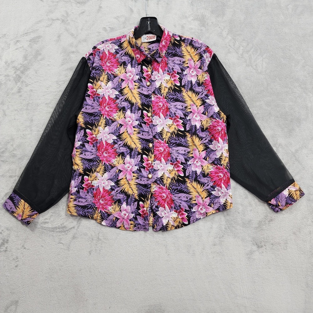 Vintage Fashion 2000 Shirt Womens L Multicolor Floral Sheer Long Sleeve Flowy